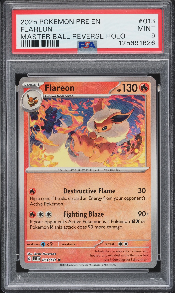2025 Pokemon SV Prismatic Evolutions Master Ball Reverse Holo Flareon #13 PSA 9 MINT