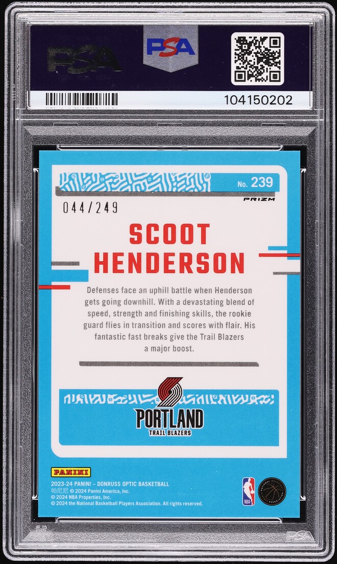 2023 Donruss Optic Aqua Scoot Henderson ROOKIE /249 #239 PSA 10 GEM MINT