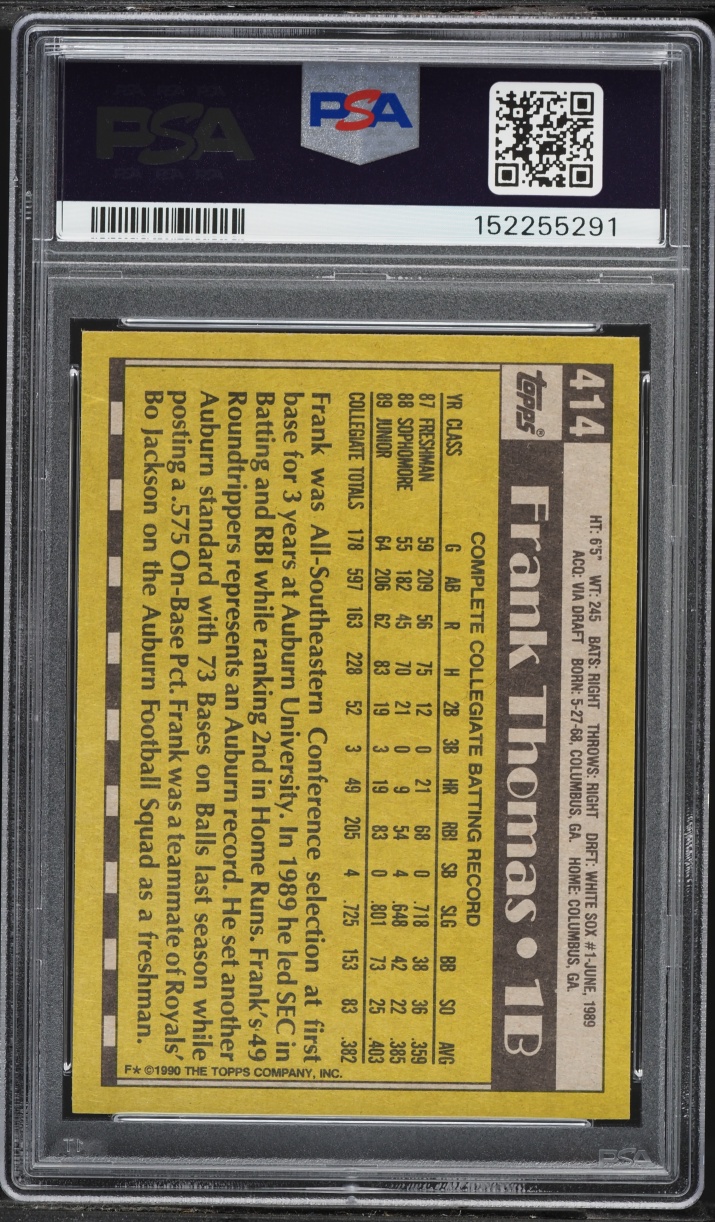 1990 Topps Frank Thomas ROOKIE, NAME ON FRONT #414 PSA 8 NM-MT