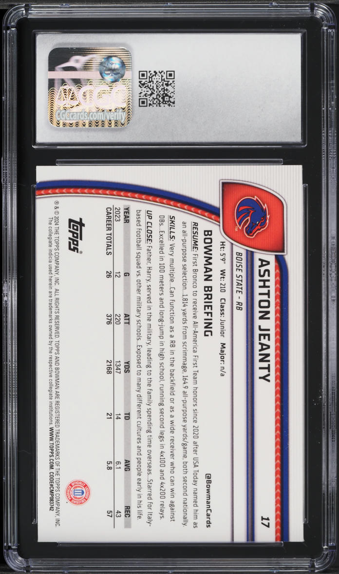2024 Bowman Chrome University Ashton Jeanty ROOKIE #17 CGC 10 GEM MINT