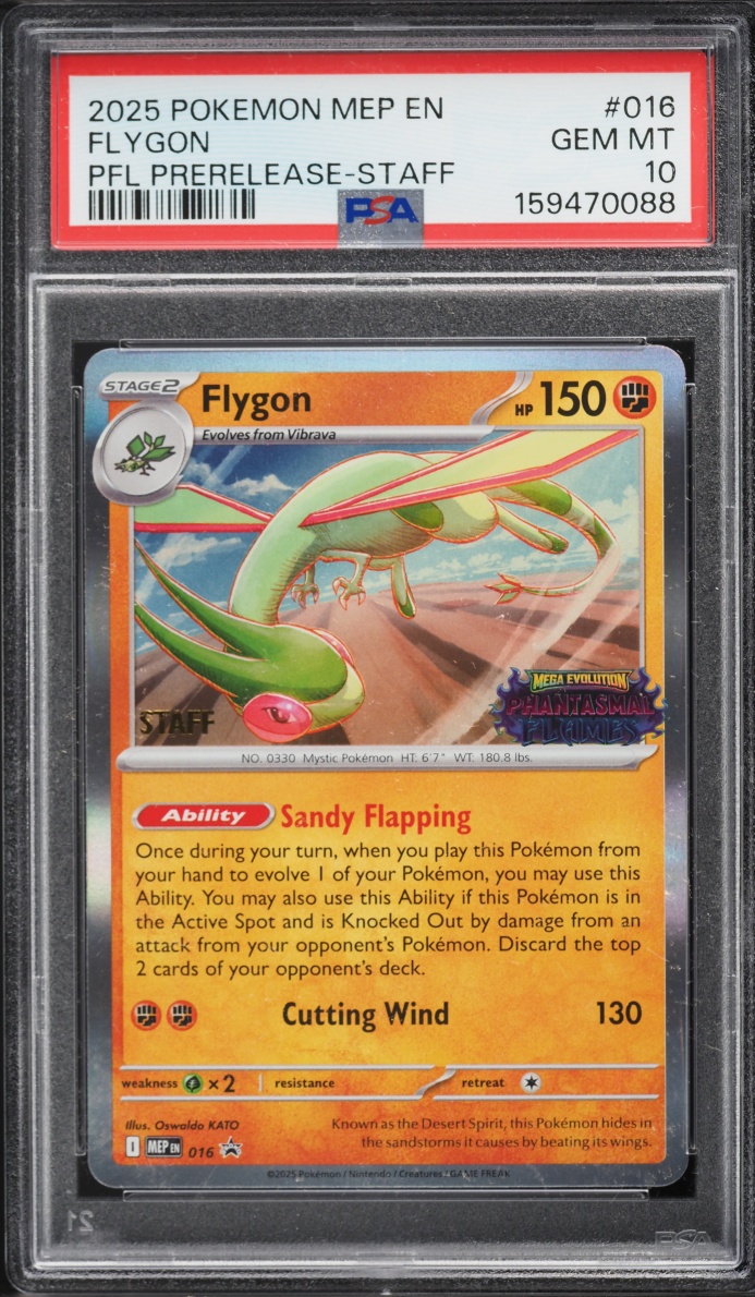 2025 Pokemon Mega Evolution Promo Phantasmal Flames Prerelease Staff Flygon #16 PSA 10 GEM MINT