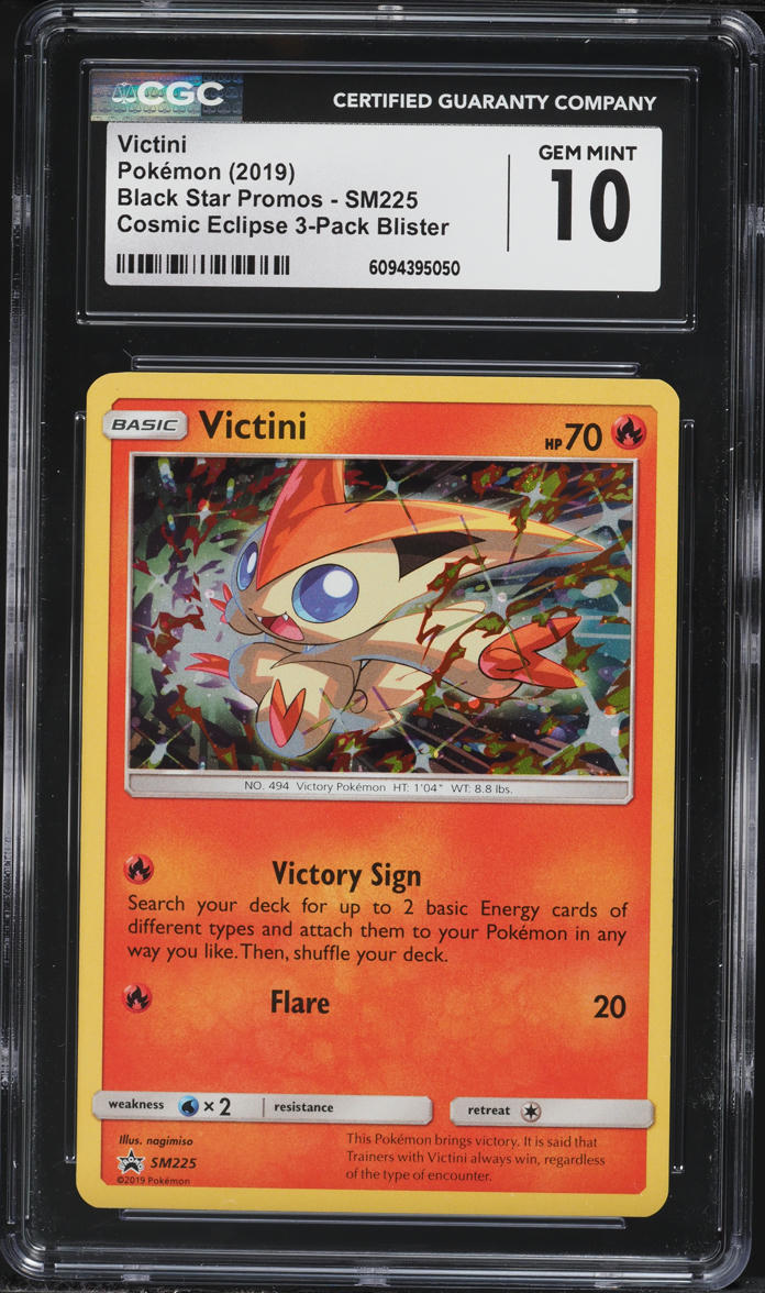 2019 Pokemon Sun & Moon Black Star Promo Cosmic Eclipse Holo Victini #SM225 CGC 10 GEM MINT