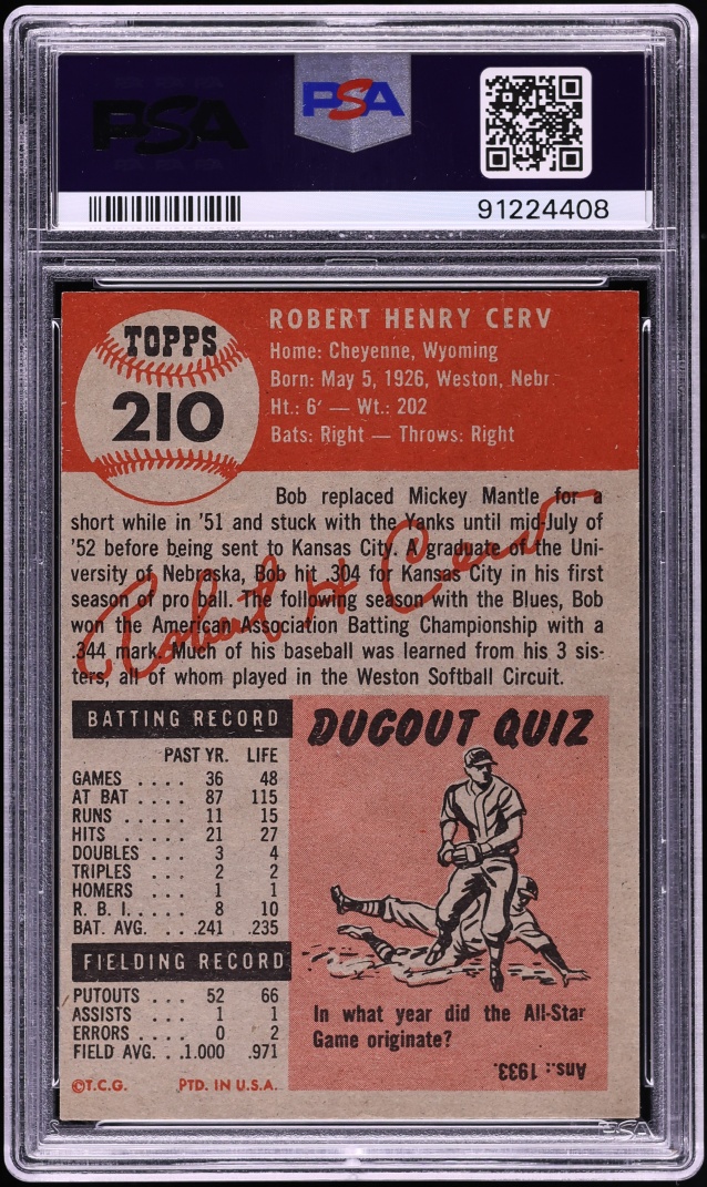1953 Topps Bob Cerv #210 PSA 8 NM-MT