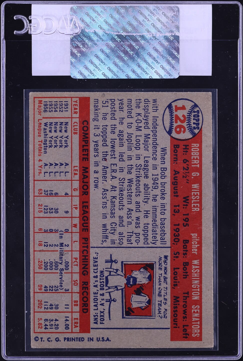 1957 Topps Bob Wiesler #126 CGC AUTH