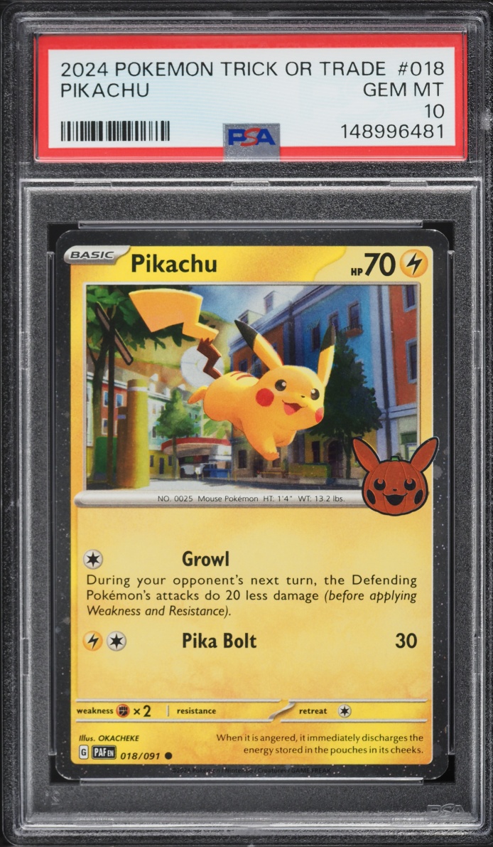 2024 Pokemon Scarlet & Violet Paldean Fates Trick Or Trade Holo Pikachu #18 PSA 10 GEM MINT