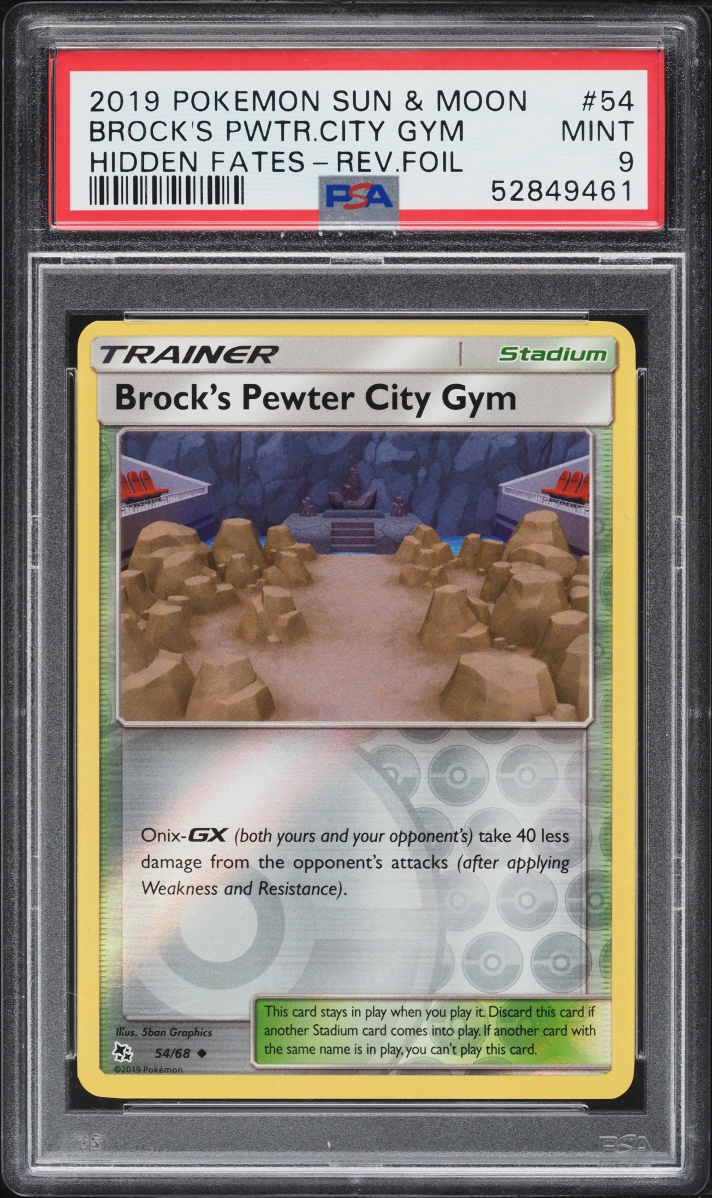 2019 Pokemon Sun & Moon Hidden Fates Reverse Holo Brock's Pewter City Gym #54 PSA 9 MINT