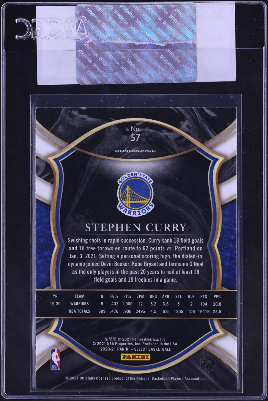 2020 Select Concourse Blue Prizm Stephen Curry #57 CGC AUTH
