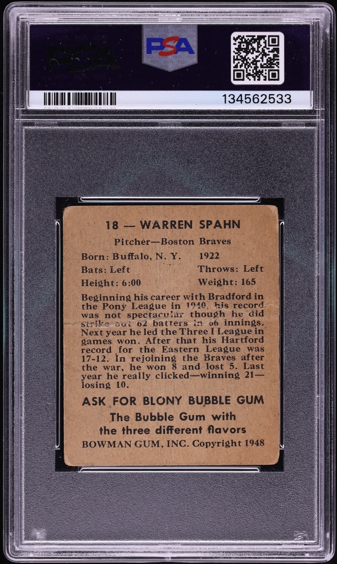 1948 Bowman Warren Spahn ROOKIE #18 PSA 1 PR