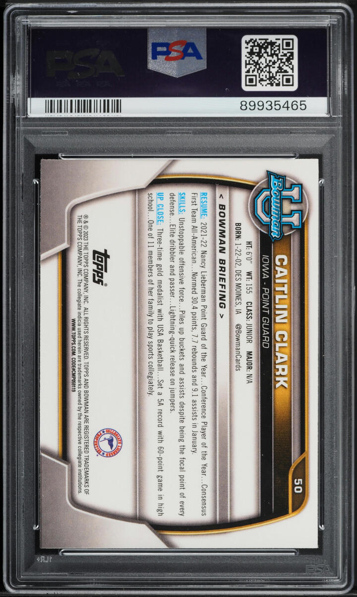 2022 Bowman Chrome University Caitlin Clark ROOKIE #50 PSA 10 GEM MINT