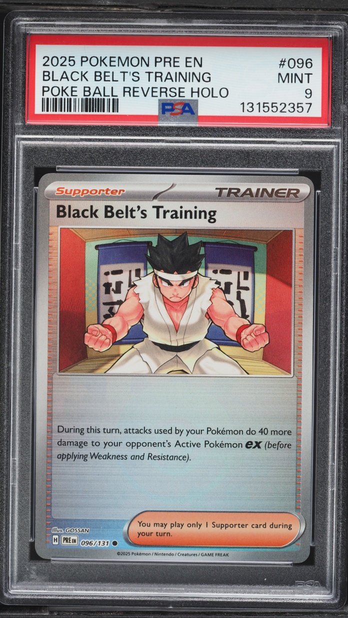 2025 Pokemon SV Prismatic Evolutions Poke Ball Reverse Holo Black Belt's Training #96 PSA 9