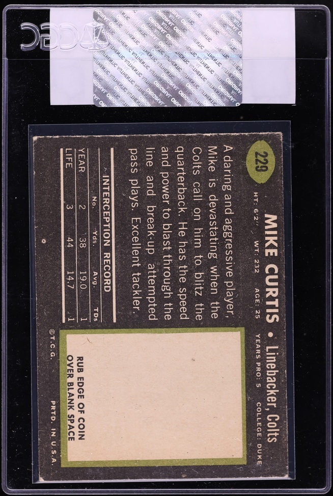 1969 Topps Football Mike Curtis #229 CGC AUTH