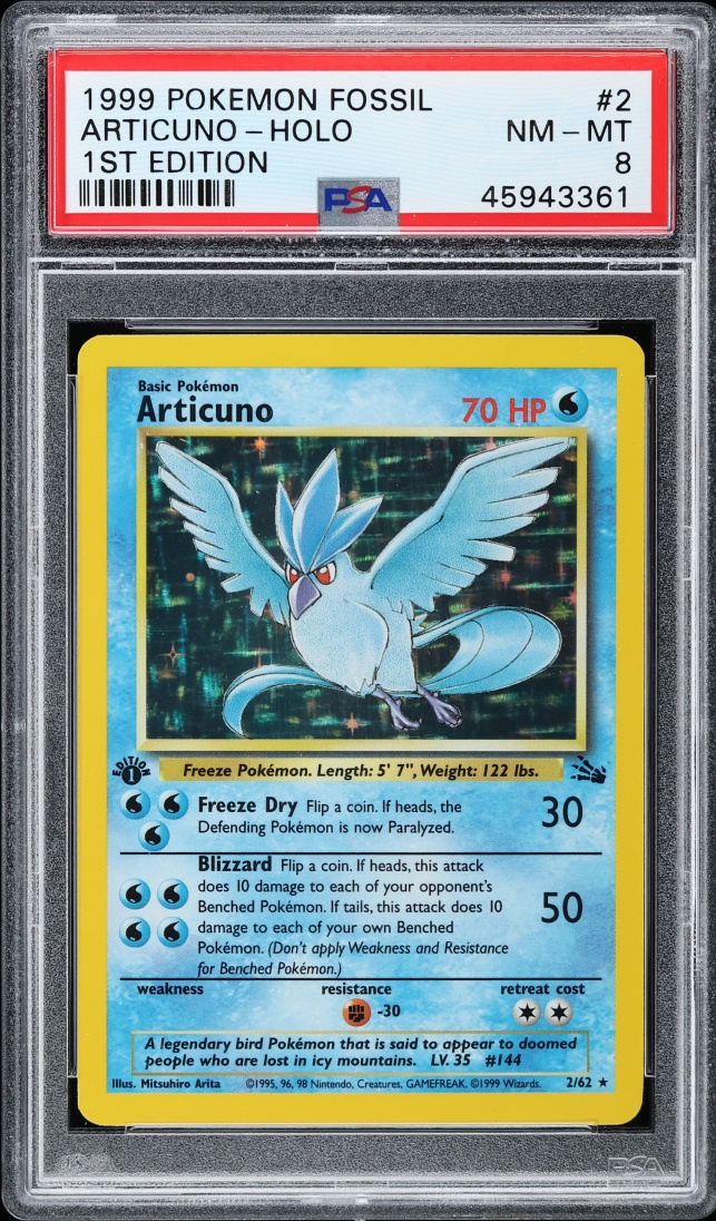1999 Pokemon Fossil 1st Edition Holo Articuno #2 PSA 8 NM-MT