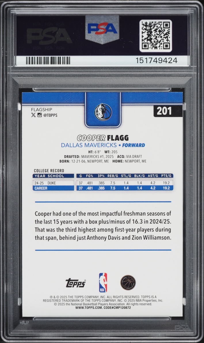 2025 Topps Basketball Cooper Flagg ROOKIE #201 PSA 8 NM-MT