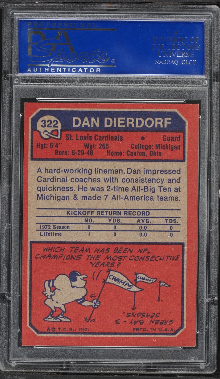 1973 Topps Football Dan Dierdorf ROOKIE #322 PSA 8 NM-MT