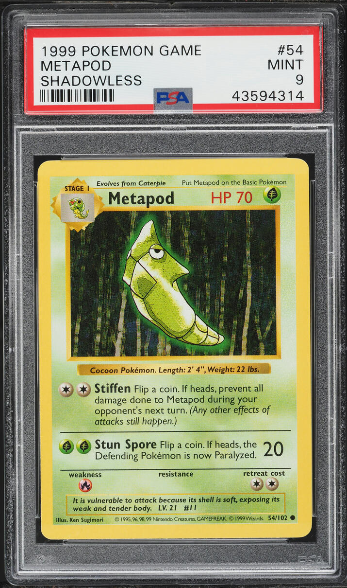 1999 Pokemon Base Set Shadowless Metapod #54 PSA 9 MINT