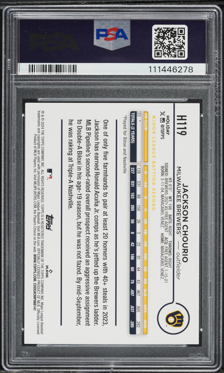 2024 Topps Holiday Jackson Chourio ROOKIE #H119 PSA 9 MINT