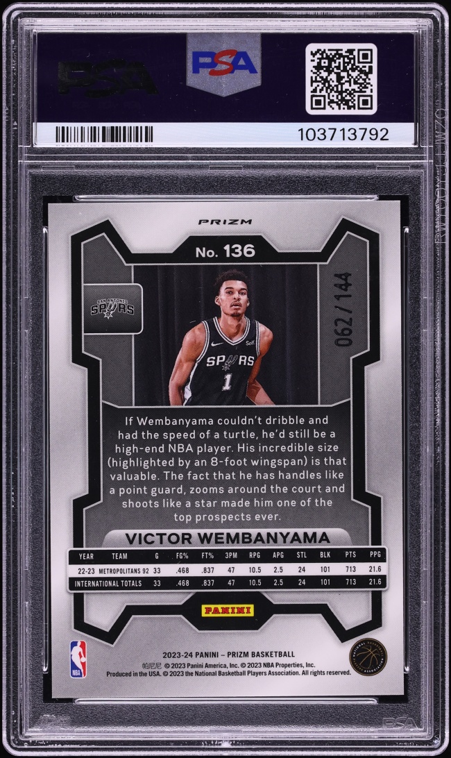 2023 Panini Prizm Blue Sparkle Victor Wembanyama ROOKIE /144 #136 PSA 10 GEM MINT