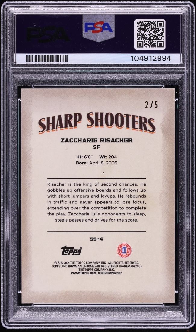 2023 Bowman Chrome University Sharp Shooters Red Zaccharie Risacher ROOKIE /5 #SS-4 PSA 10 GEM