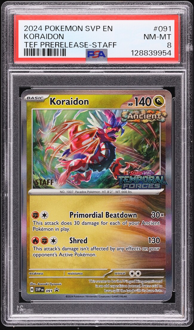 2024 Pokemon Scarlet & Violet Promo Temporal Forces Prerelease Staff Koraidon #091 PSA 8 NM-MT