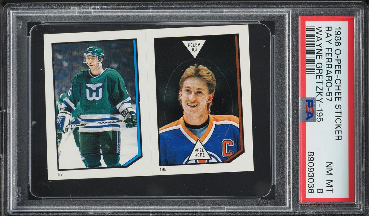 1986 O-Pee-Chee Sticker Hockey Ray Ferraro Wayne Gretzky #57 PSA 8 NM-MT