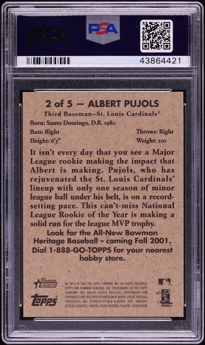 2001 Bowman Heritage National Preview Albert Pujols ROOKIE #2 PSA 9 MINT - Photo 2