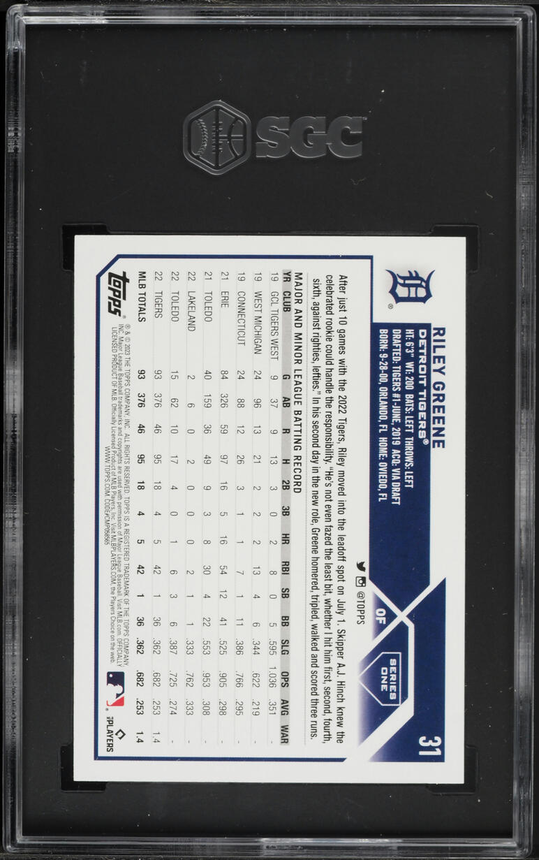 2023 Topps Riley Greene ROOKIE #31 SGC 10 GEM MINT