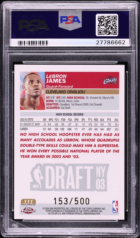 2003 Topps Chrome Black Refractor LeBron James ROOKIE /500 #111 PSA 8 NM-MT