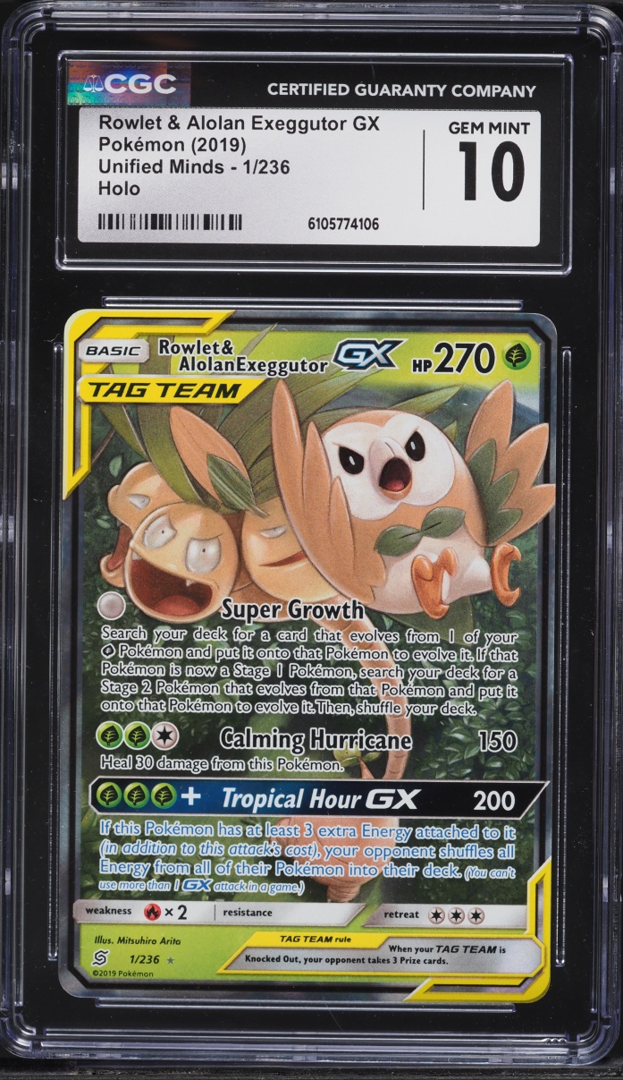 2019 Pokemon Sun & Moon Unified Minds Holo Rowlet & Alolan Exeggutor GX #1 CGC 10 GEM MINT