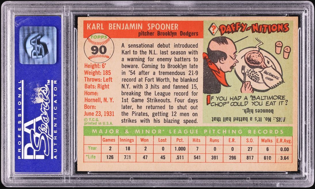 1955 Topps Karl Spooner ROOKIE #90 PSA 8 NM-MT