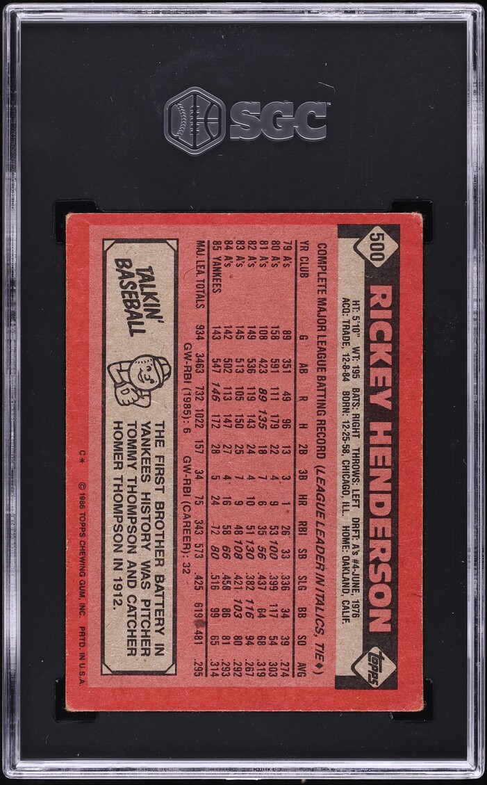 1986 Topps Rickey Henderson #500 SGC 3 VG