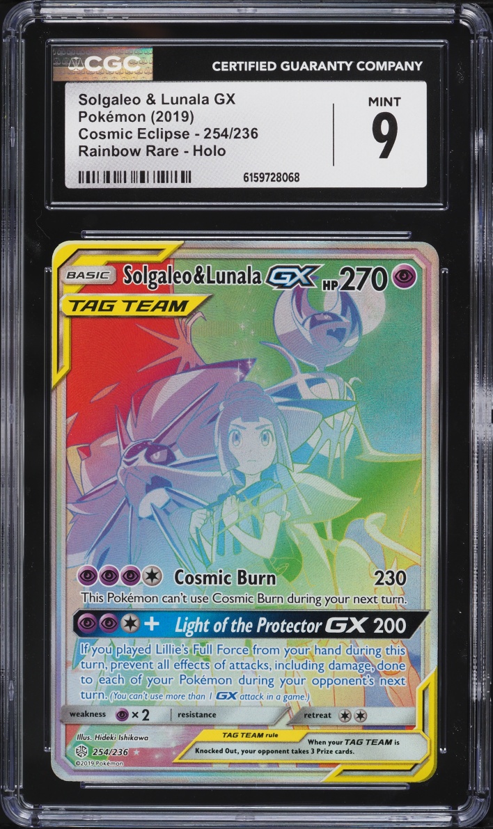 2019 Pokemon Sun & Moon Cosmic Eclipse Rainbow Rare Solgaleo & Lunala GX #254 CGC 9 MINT