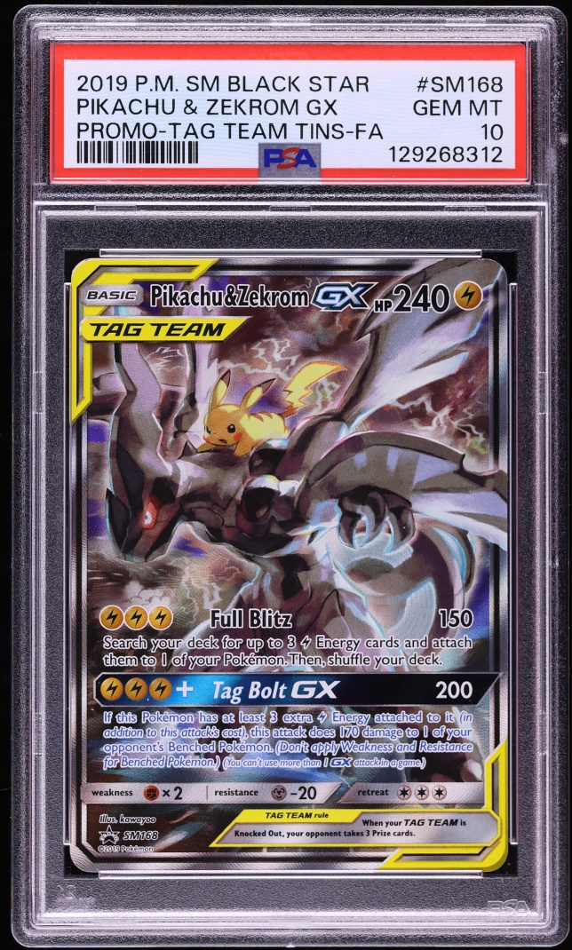 2019 Pokemon Sun & Moon Promo Tag Team Tins Full Art Pikachu & Zekrom GX #SM168 PSA 10 GEM MINT