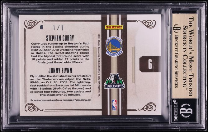 2009 National Treasures Jonny Flynn Stephen Curry ROOKIE NBA LOGOMAN PATCH 1/1 BGS 9.5 GEM MINT
