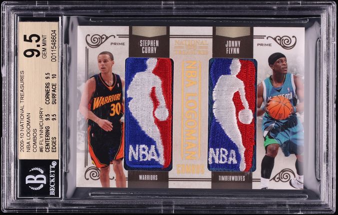 2009 National Treasures Jonny Flynn Stephen Curry ROOKIE NBA LOGOMAN PATCH 1/1 BGS 9.5 GEM MINT