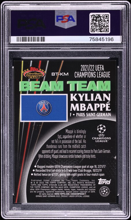 2021 Stadium Club Chrome UEFA '92 Beam Team Red Refractor Kylian Mbappe /5 #BT-KM PSA 9 MINT