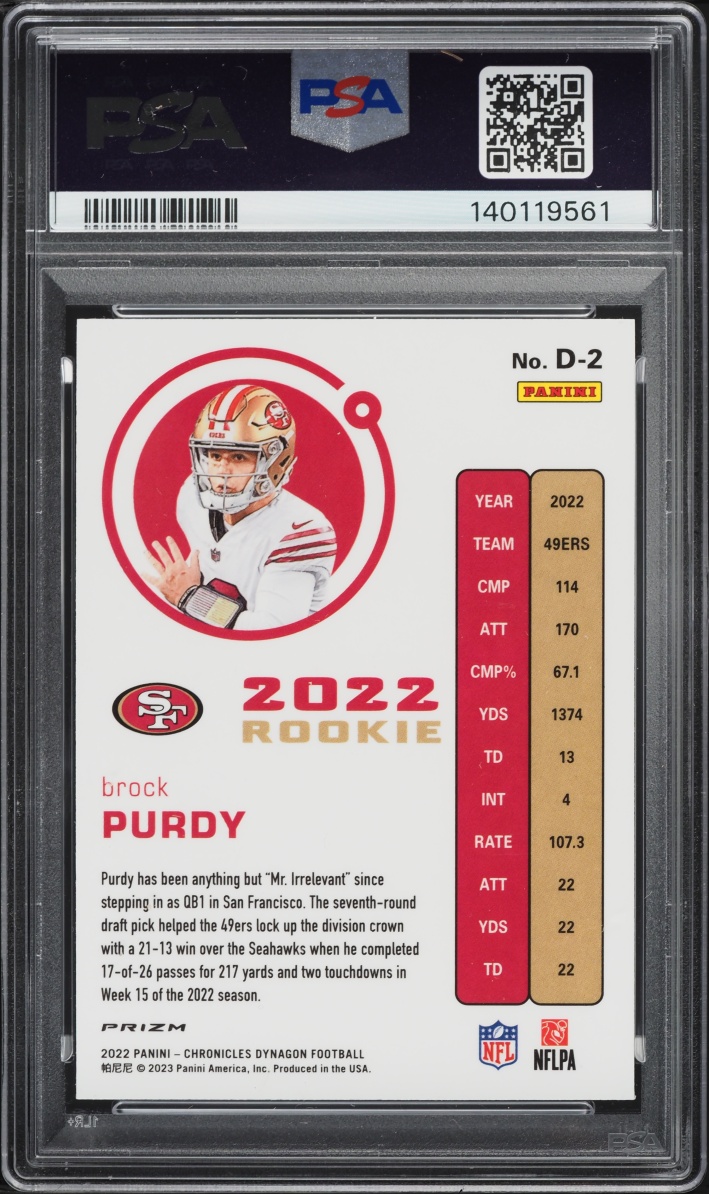 2022 Panini Chronicles Dynagon Silver Brock Purdy ROOKIE #D-2 PSA 8 NM-MT
