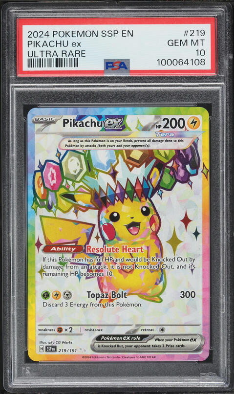 2024 Pokemon SV Surging Sparks Full Art Pikachu ex #219 PSA 10 GEM