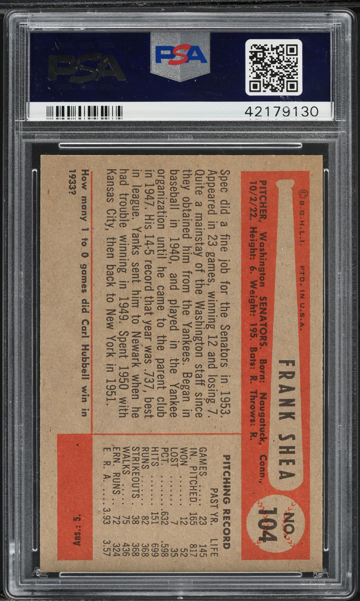 1954 Bowman Frank Spec Shea #104 PSA 9 MINT
