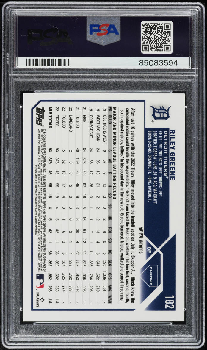 2023 Topps Chrome Variation Riley Greene SP ROOKIE #182 PSA 9 MINT