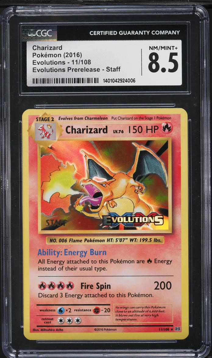 2016 Pokemon XY Evolutions Prerelease Staff Holo Charizard #11 CGC 8.5 NM-MT+