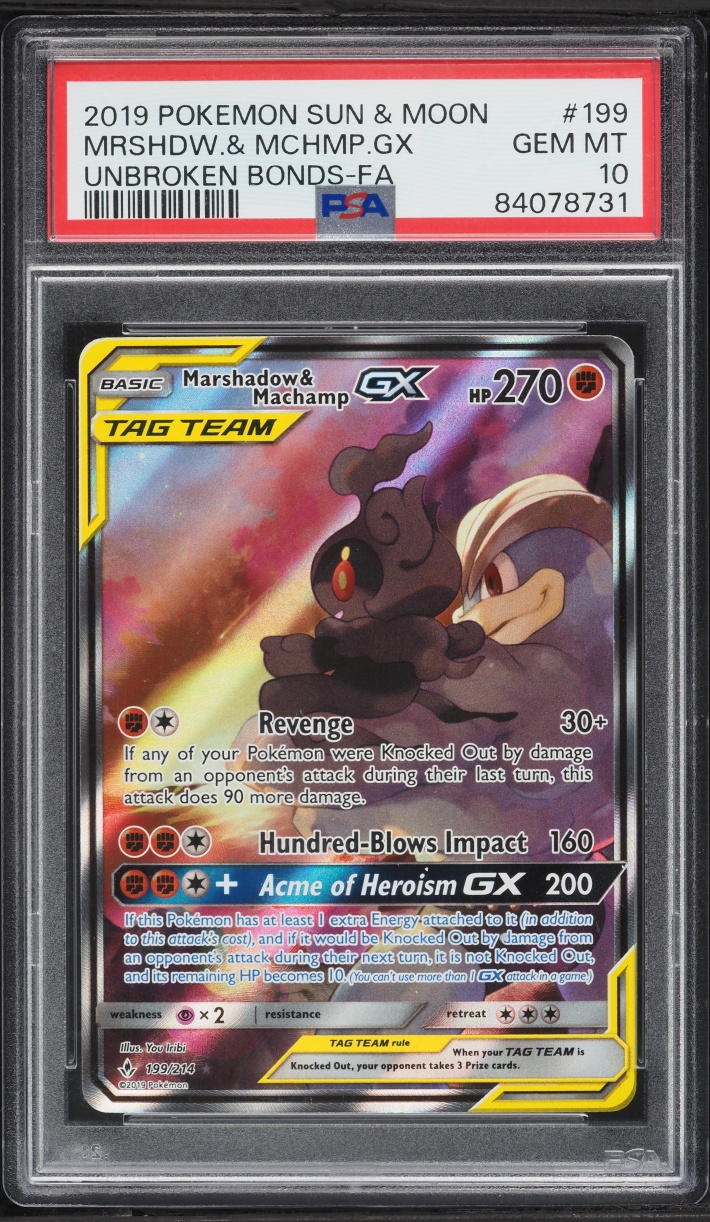 2019 Pokemon Sun & Moon Unbroken Bonds Full Art Marshadow & Machamp GX #199 PSA 10 GEM MINT