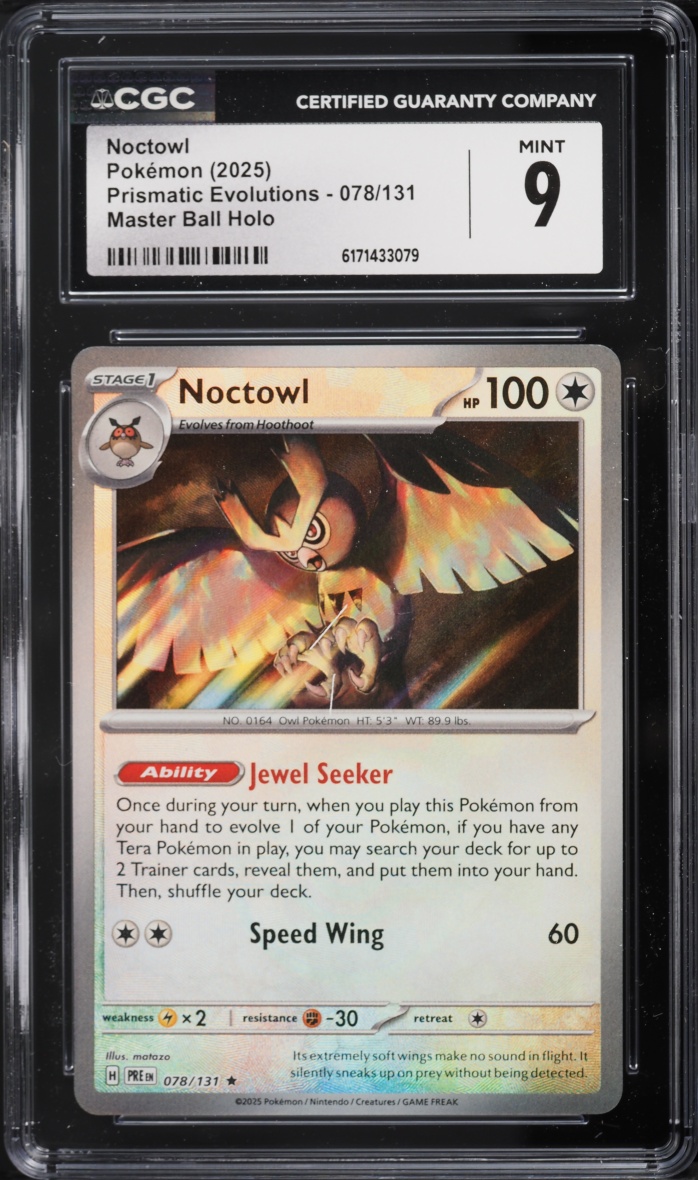 2025 Pokemon Scarlet & Violet Prismatic Evolutions Master Ball Holo Noctowl #78 CGC 9 MINT
