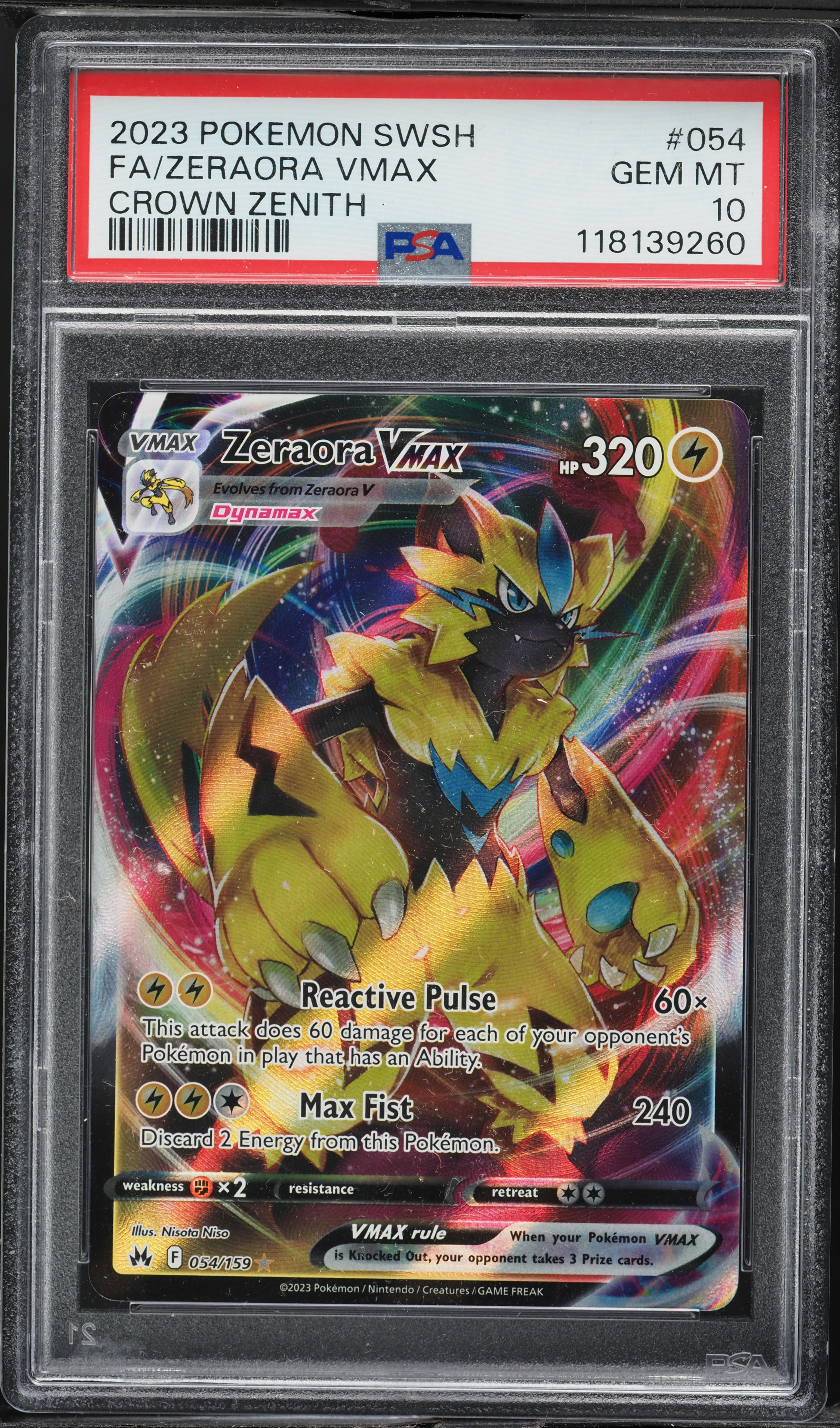 2023 Pokemon Sword & Shield Crown Zenith Full Art Zeraora VMAX #054 PSA 10 GEM MINT