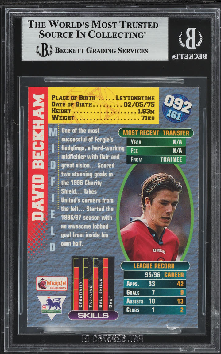 1996 Merlin Premier Gold England David Beckham ROOKIE #92 BGS 7.5 NRMT+