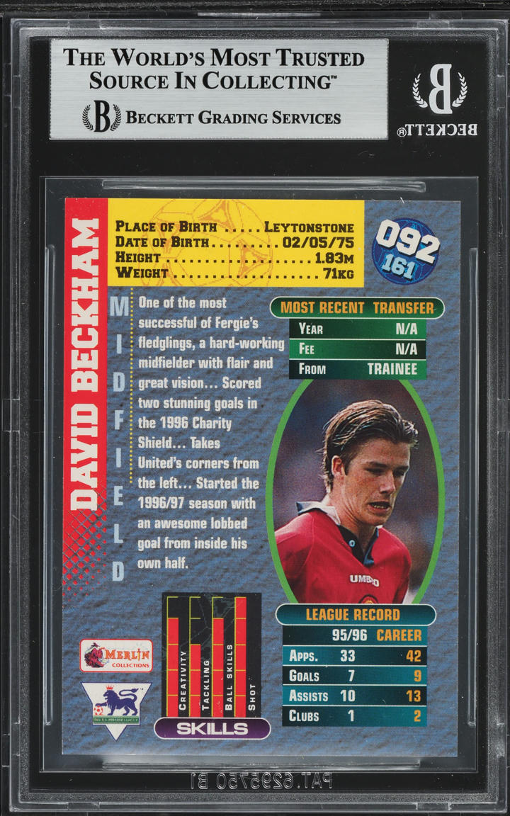 1996 Merlin Premier Gold England David Beckham ROOKIE #92 BGS 7.5 NRMT+