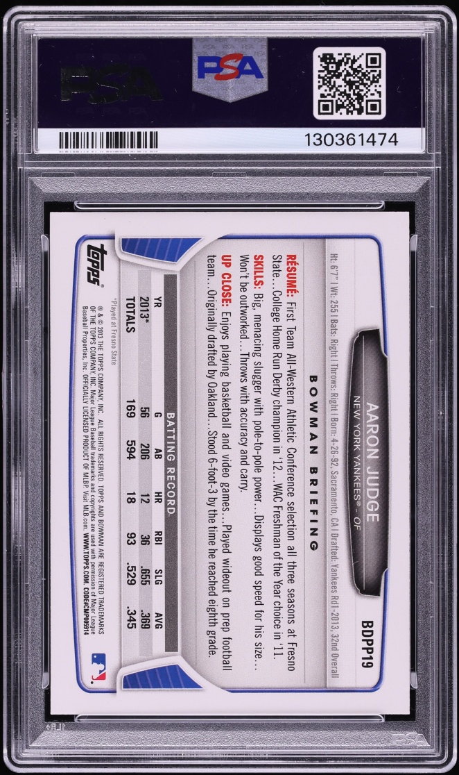 2013 Bowman Draft Picks Aaron Judge PROSPECT AUTO DNA 10 #BDPP19 PSA 9 MINT