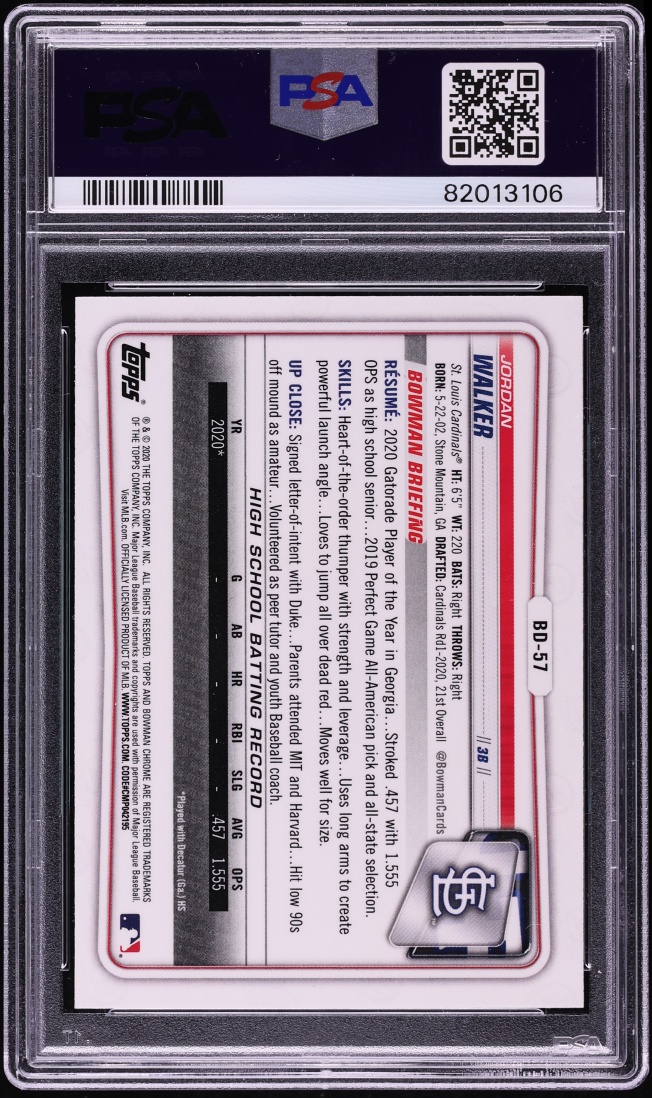 2020 Bowman Chrome Draft Sparkle Refractor Jordan Walker PROSPECT #BD-57 PSA 10 GEM MINT