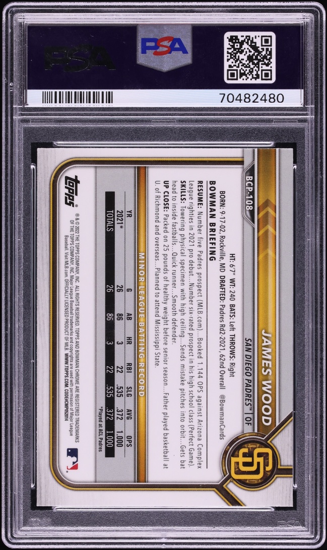 2022 Bowman Chrome Mega Box James Wood PROSPECT #BCP-108 PSA 10 GEM MINT