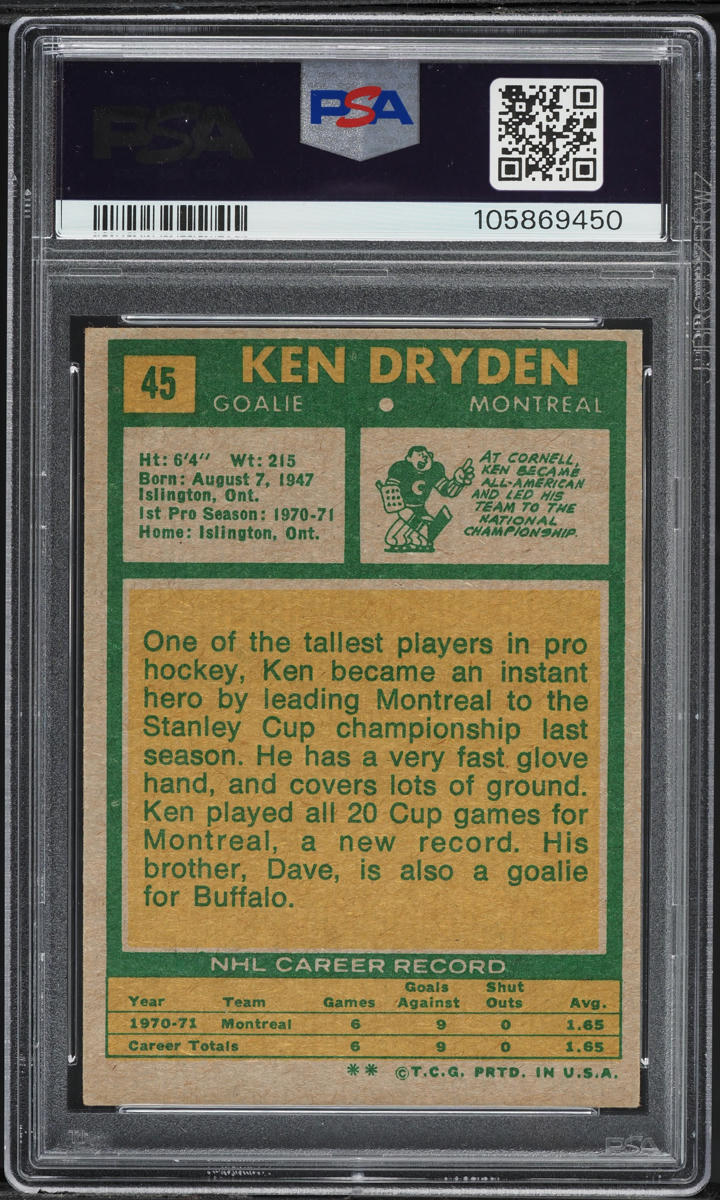 1971 Topps Hockey Ken Dryden ROOKIE #45 PSA 4 VGEX