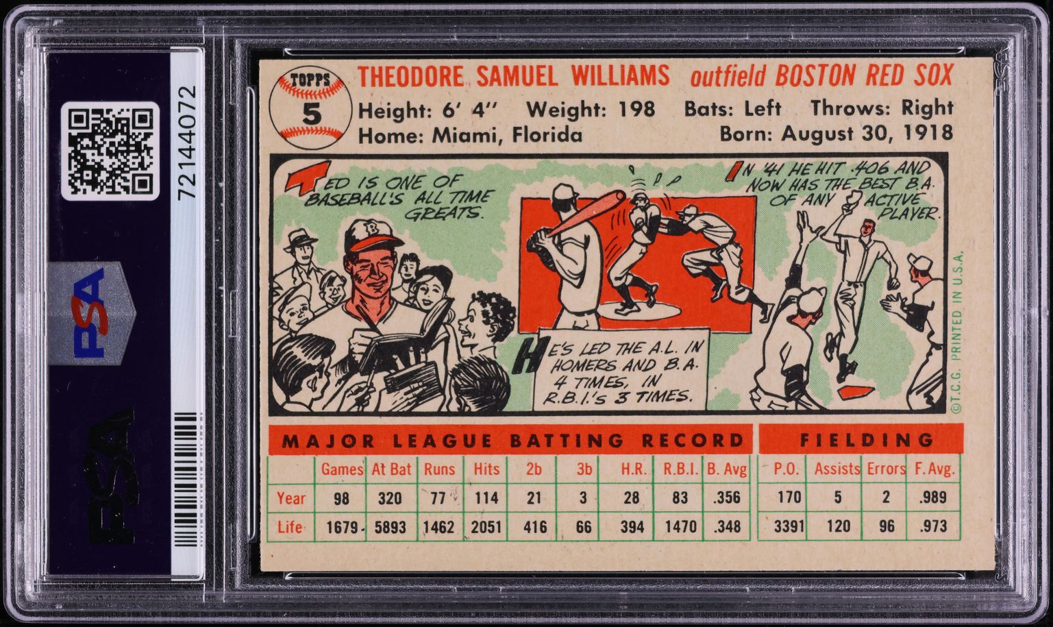 1956 Topps Ted Williams WHITE BACK #5 PSA 7 NRMT